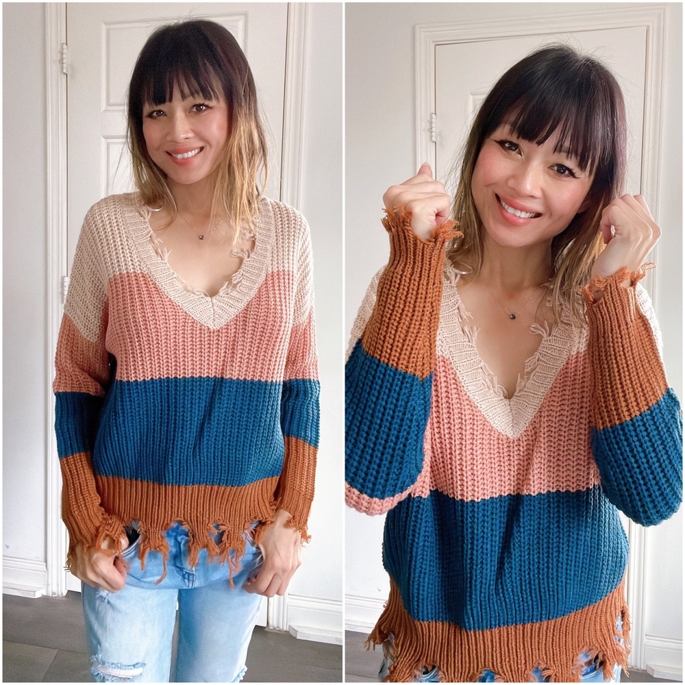 021  Cozy Color Block Distressed Frayed Sweater Top - Picture 3 of 4